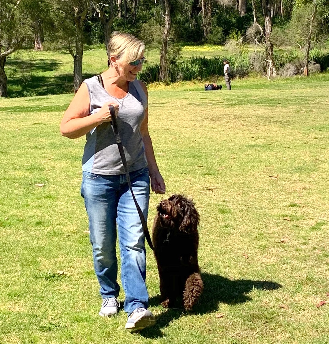 Jayne walking with an attentive black curly dog in the park